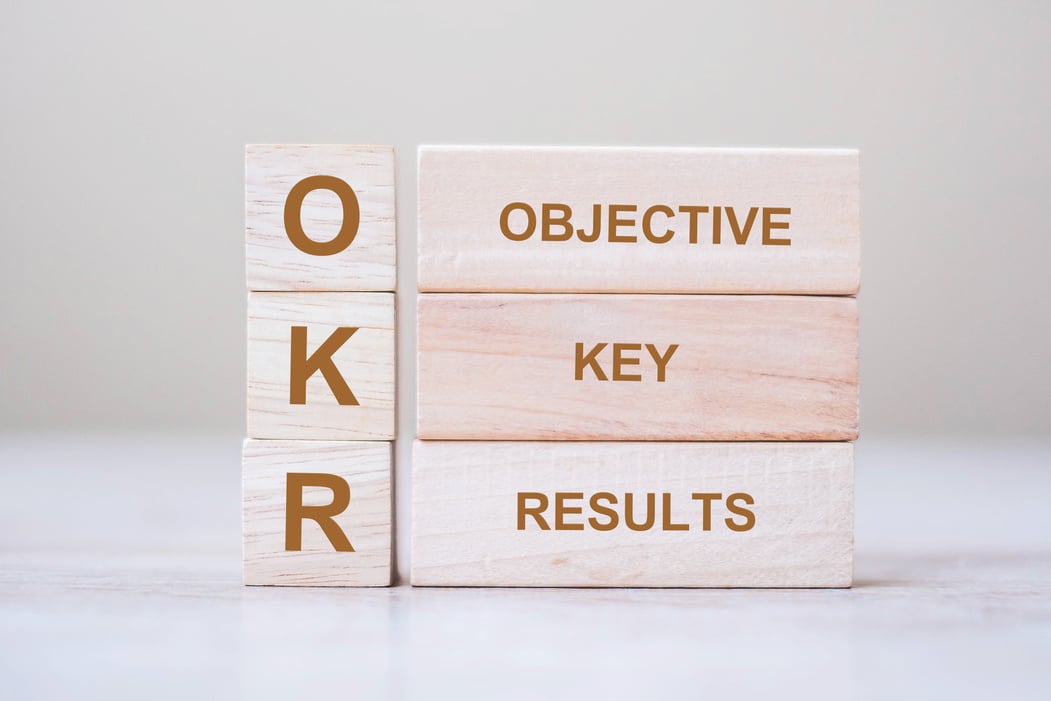 OKR text (Objectives, Key and Results) wooden cube blocks on table background. business target and focus concepts